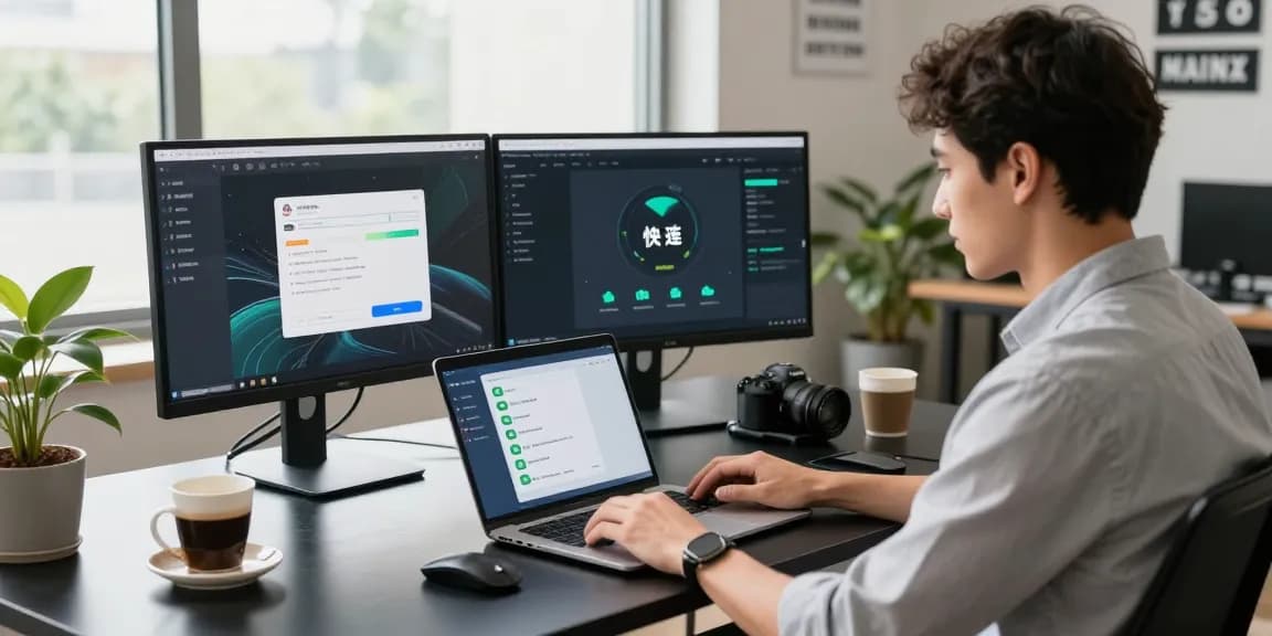 快连 network acceleration app in use on a laptop in a bright modern office.