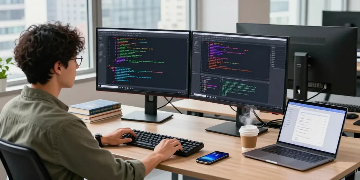 Developer coding in a modern workspace with 快连 application interface, capturing a vibrant tech atmosphere.