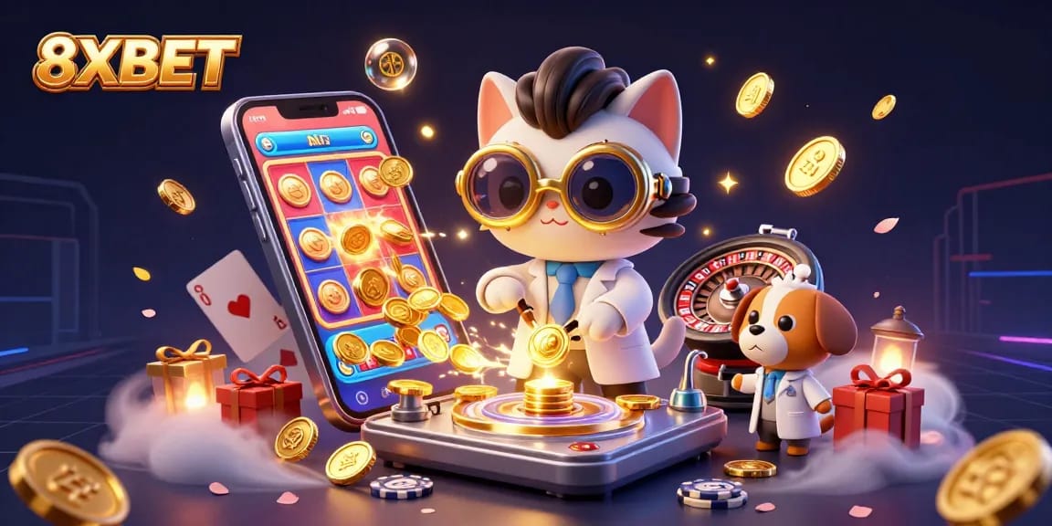 Experience thrilling gameplay at 8XBET featuring vibrant slot games and animated gold coins.