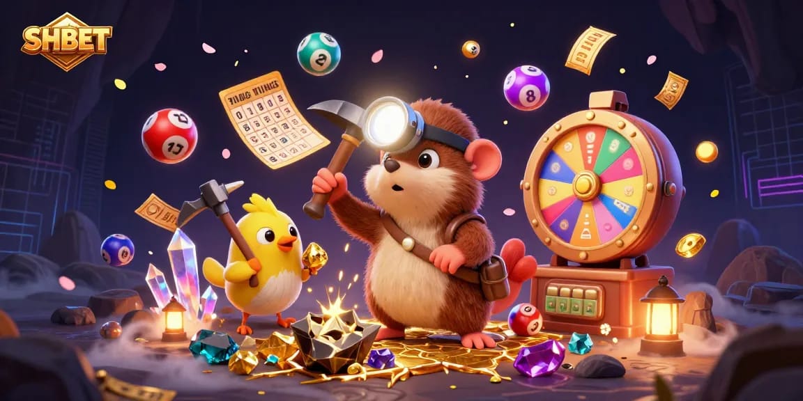 Engage in gaming excitement at SHBET with a lively 3D casino scene featuring vibrant characters, lottery elements, and golden treasures.