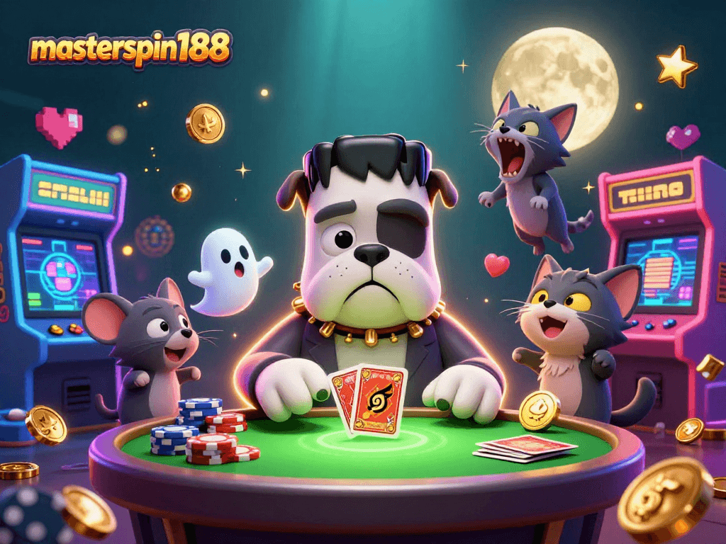 Masterspin188 showcases an exciting scene with a cartoon bulldog dealer, chips, and a ghostly mouse, enhancing your gaming thrill.