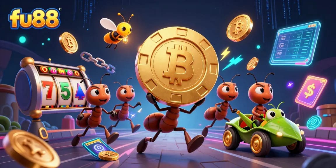 Experience an exciting slot heist with fu88 featuring ants and digital coins in a vibrant casino scene.