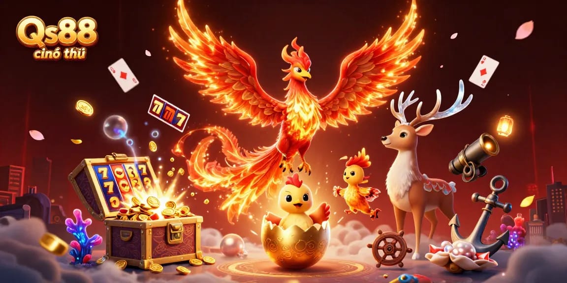 Experience the excitement of Qs88 chính thức with vibrant slots and dynamic characters in a thrilling casino illustration.
