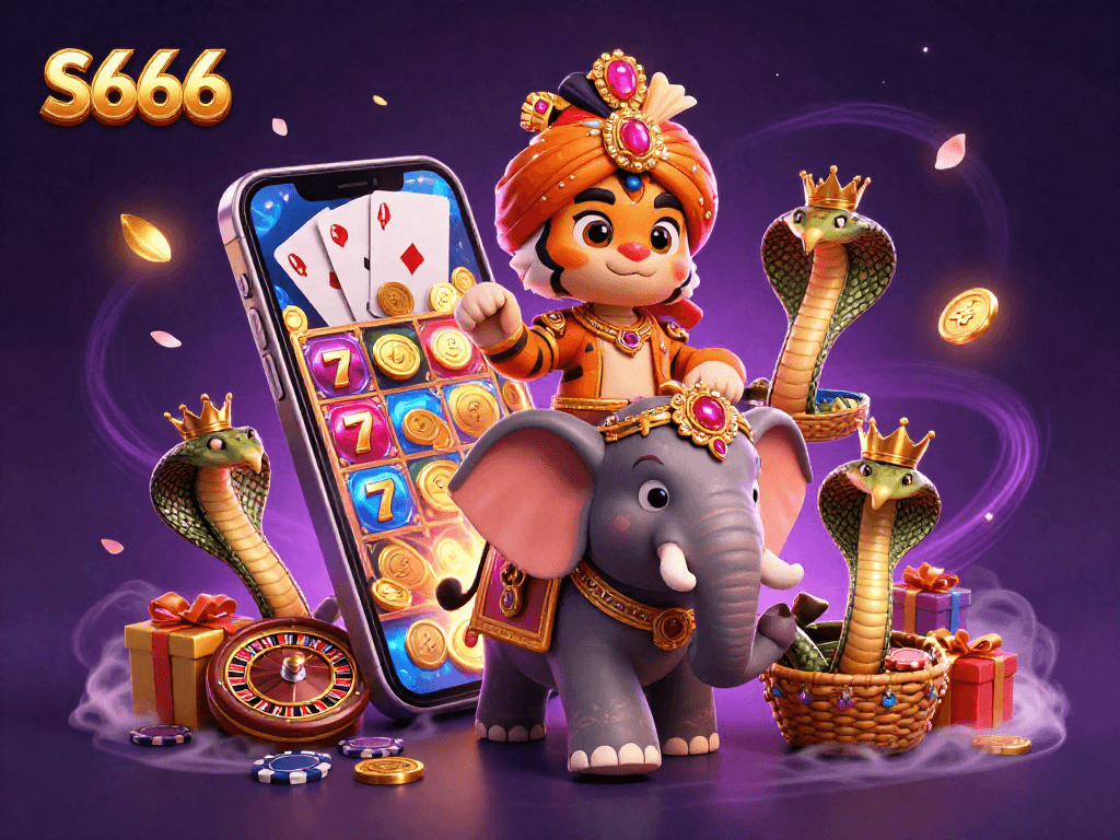 Spin to win at S666 with a vibrant 3D casino scene showcasing a cartoon royal tiger and games.