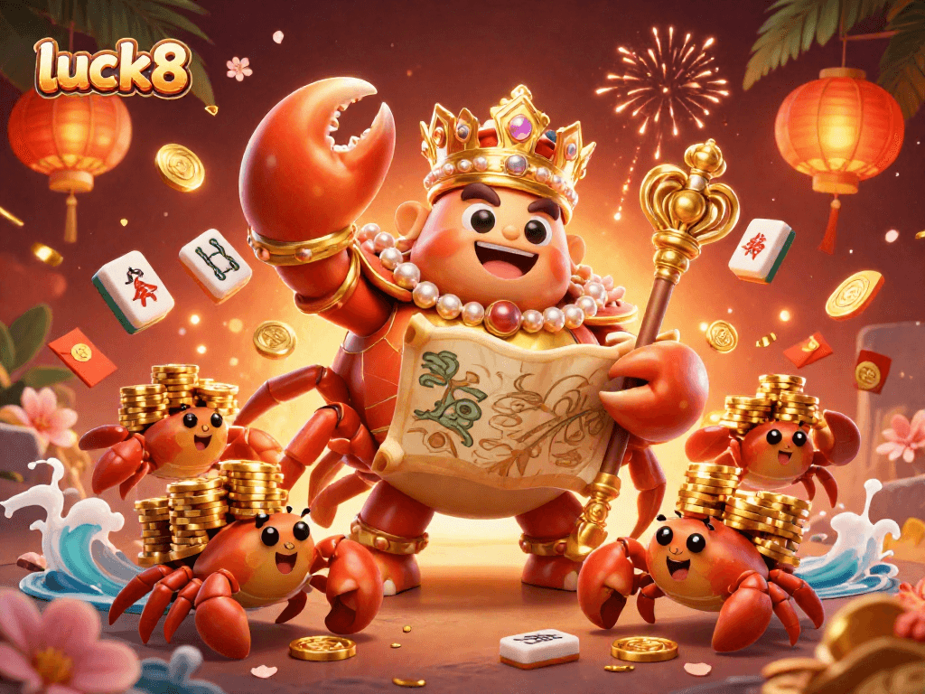 Engage with luck8's thrilling 3D casino adventure featuring a golden crab emperor amidst treasures and festive symbols.