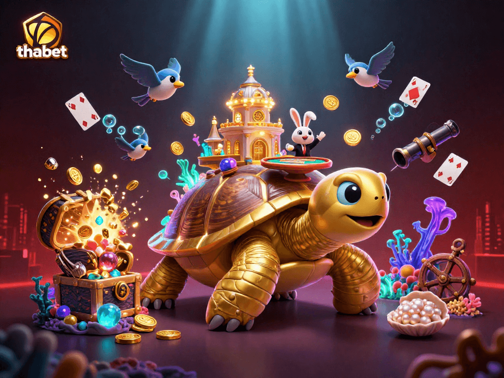 Thabet casino features a gigantic tortoise with a gaming palace while birds fly with gold.