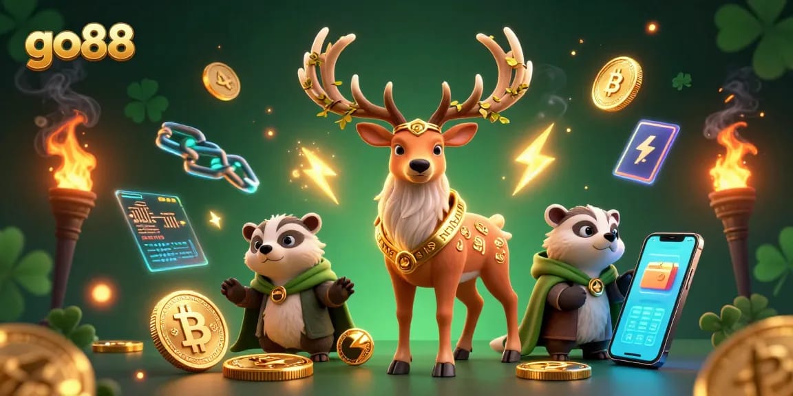 Engage in thrilling gameplay with go88, a vibrant casino scene featuring a Celtic druid stag and crypto elements.