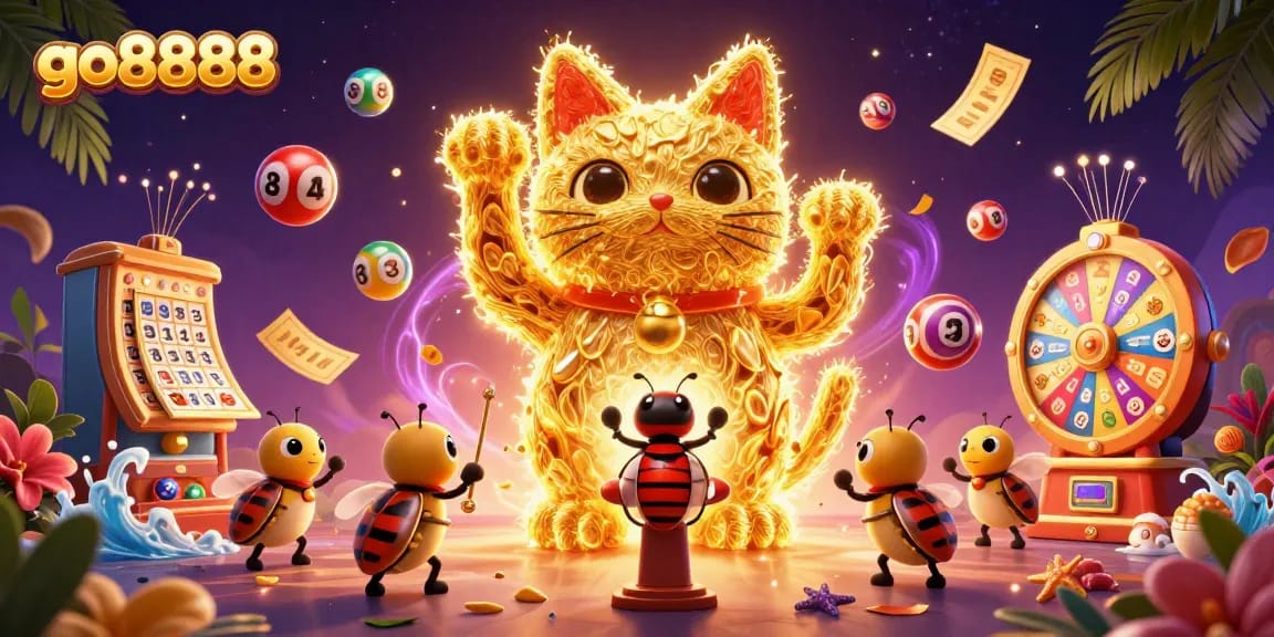 Experience the luck of go8888 with a vibrant lucky cat and dynamic casino elements.