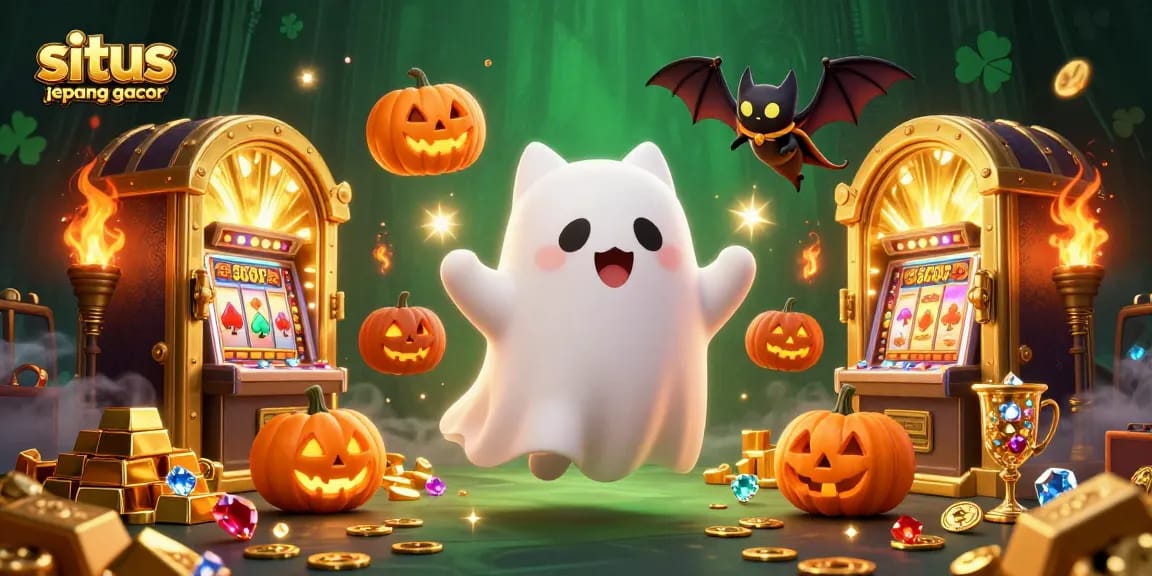 Experience the thrills of situs jepang gacor with a ghost cat and treasures in a dynamic casino scene.
