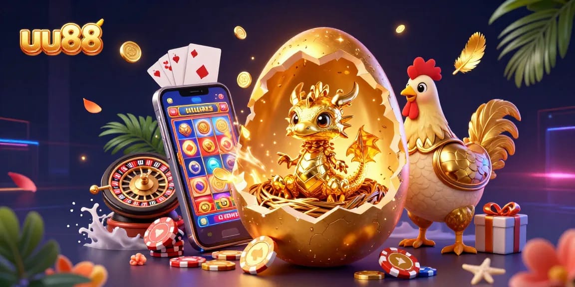 Experience the thrilling adventure of uu88's games with a magical golden dragon and vibrant casino elements.