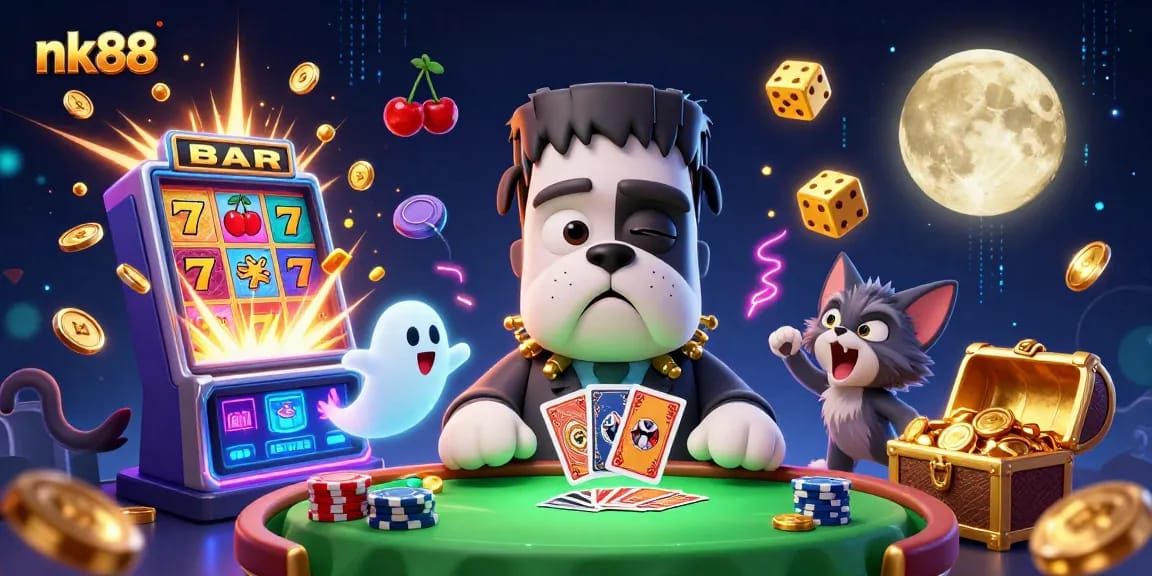 Join the thrilling action at nk88 as the Frankenstein bulldog deals cards at a vibrant casino.