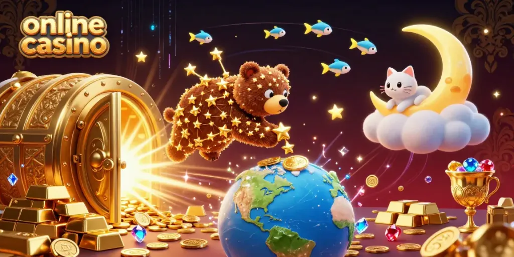 Experience the thrill of an online casino with sparkling coins and vibrant 3D characters.