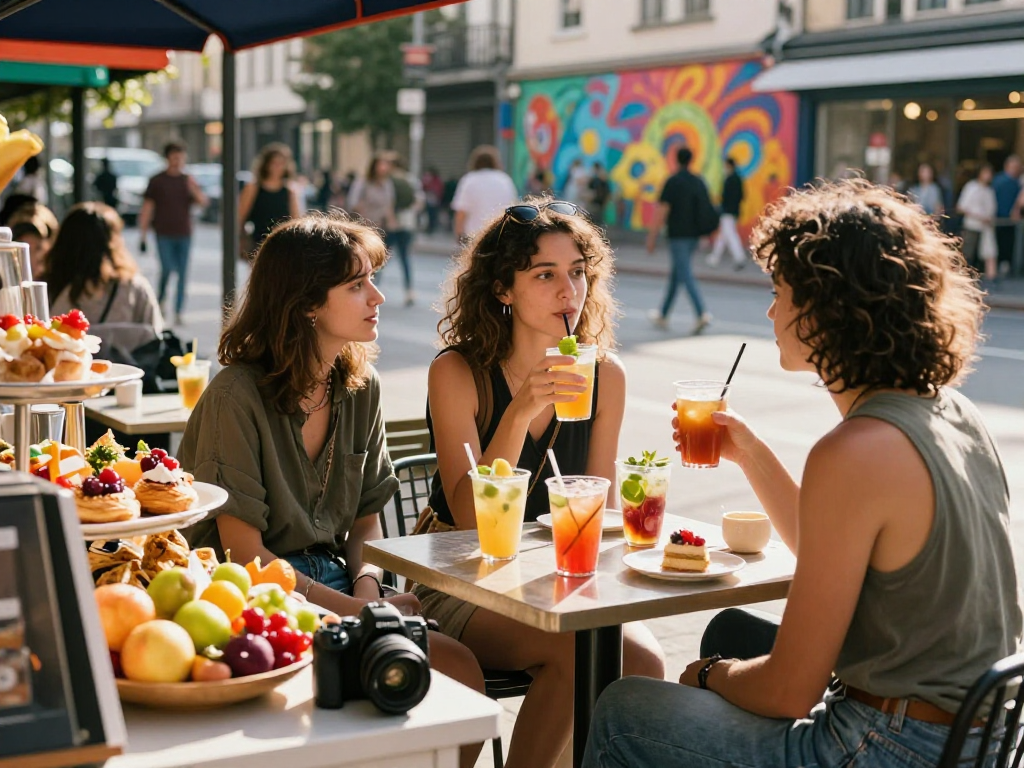 Gái gọi cùng bạn bè tận hưởng sự kiện ngoài trời trong thành phố.