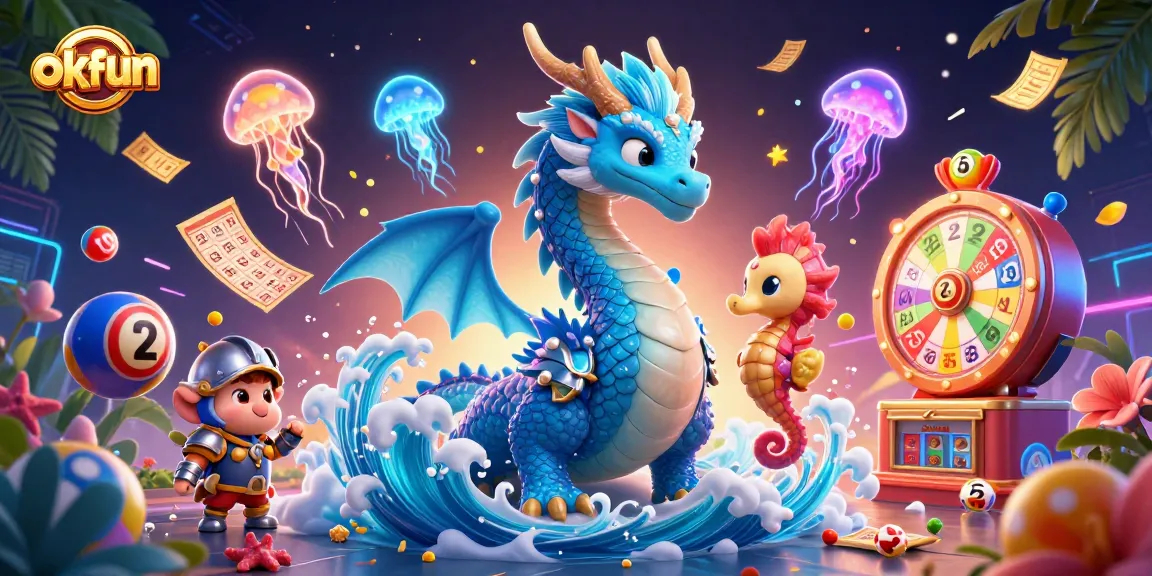 Win big with okfun at this vibrant casino scene featuring a dragon and seahorse