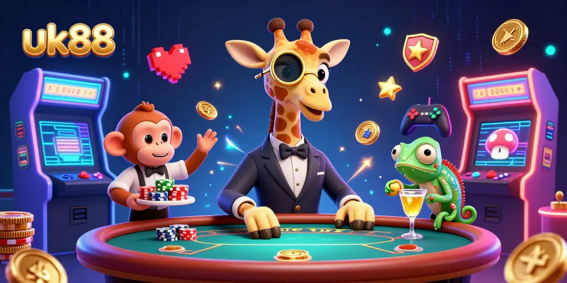 Engage with uk88's thrilling atmosphere featuring a high-roller giraffe at a poker table surrounded by vibrant casino elements.