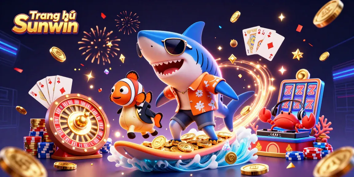 Win big at Trang chủ Sunwin with this vibrant illustration of a shark surfing on gold coins!