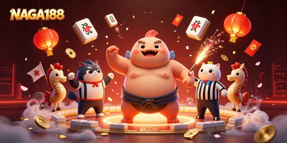 NAGA188 menghadirkan fugu berukuran besar mengenakan mawashi sumo dalam ilustrasi kasino yang ceria dan menarik.