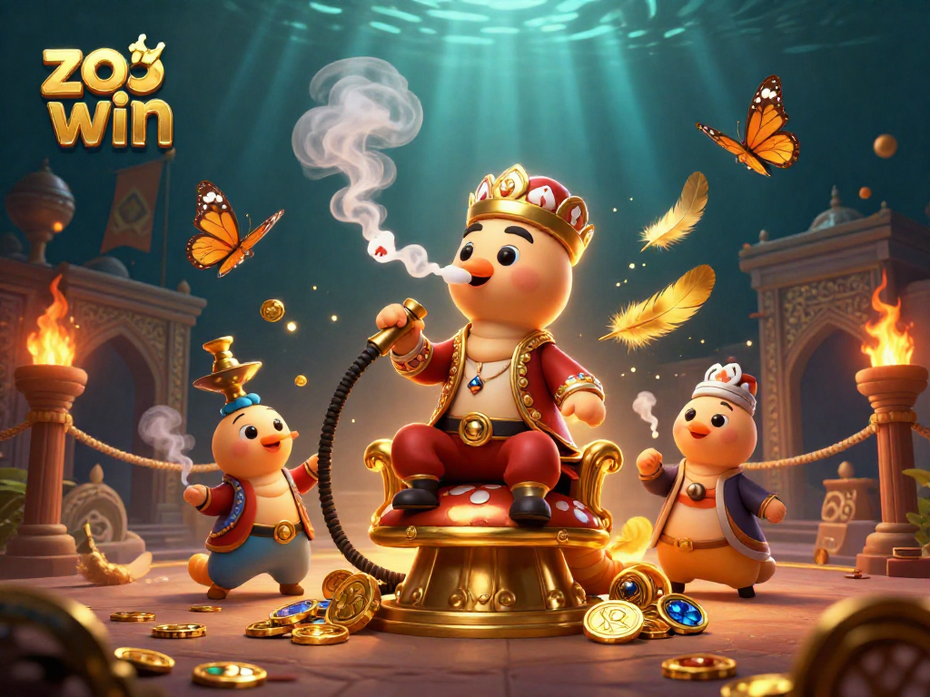 Join the excitement of zo win as the caterpillar hookah-master reigns over a vibrant casino scene with poker symbols.