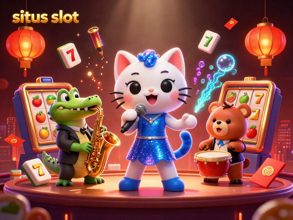 Engage with situs slot through lively characters and dynamic slot reels in an exhilarating casino illustration.