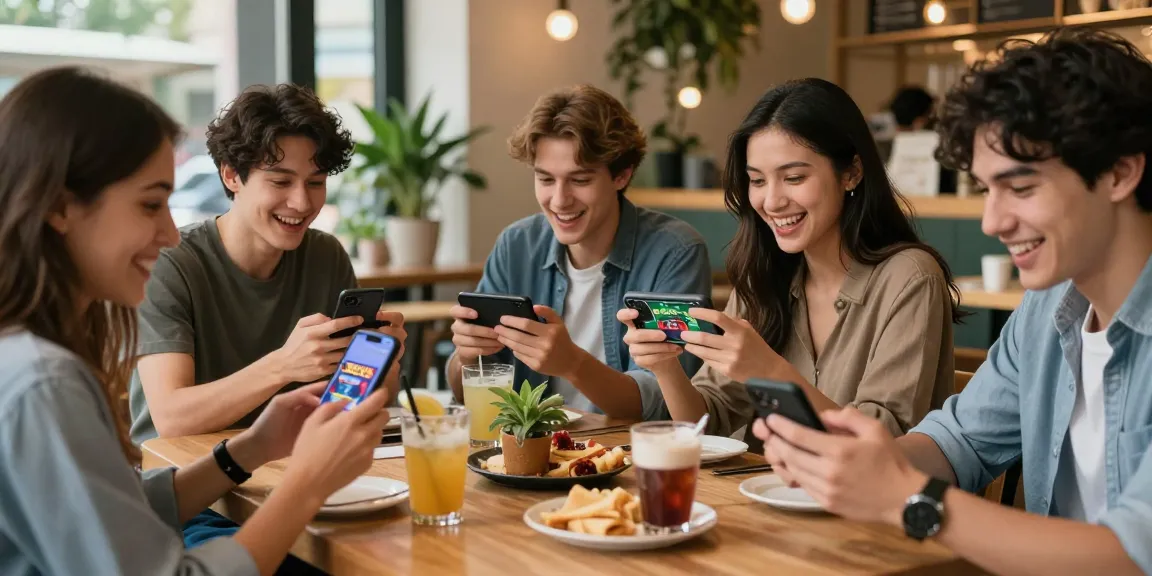 Friends enjoying gaming on Winbox88 in a trendy café, showcasing excitement and camaraderie.