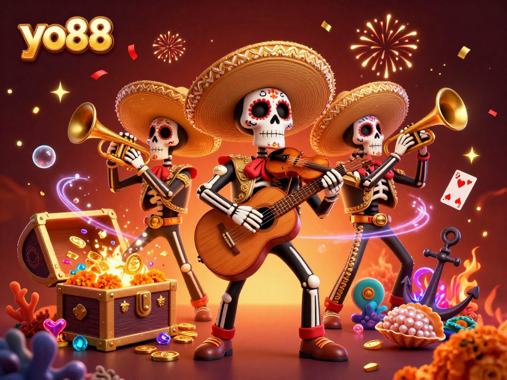 The yo88 skeleton mariachi band enchanting the scene with vibrant gambling elements.