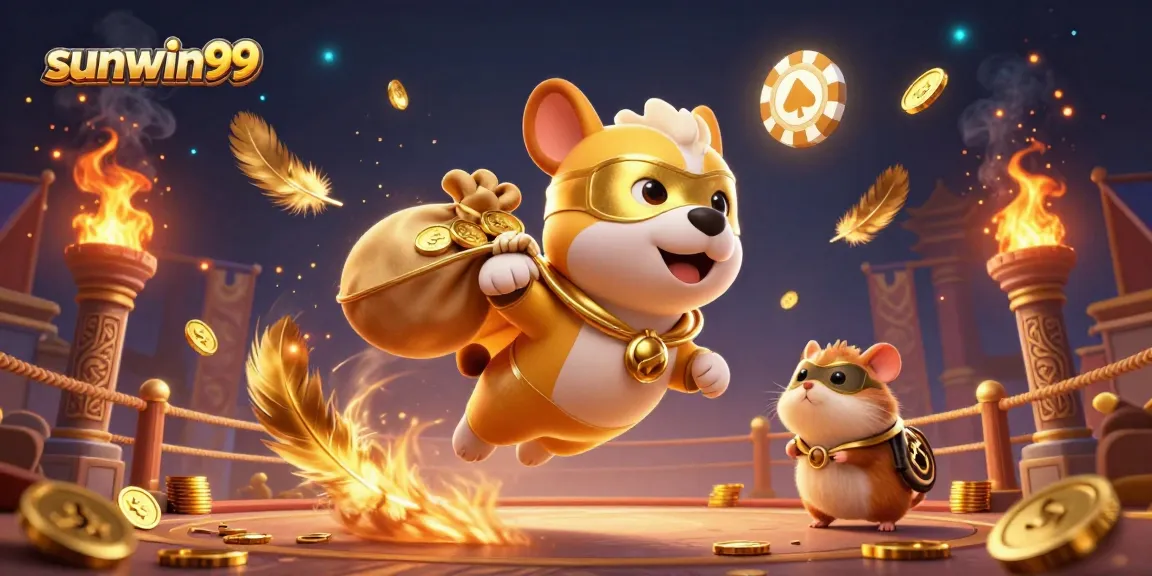 Experience thrilling gaming with sunwin99 featuring a flying superhero dog, gold coins, and vibrant casino elements.