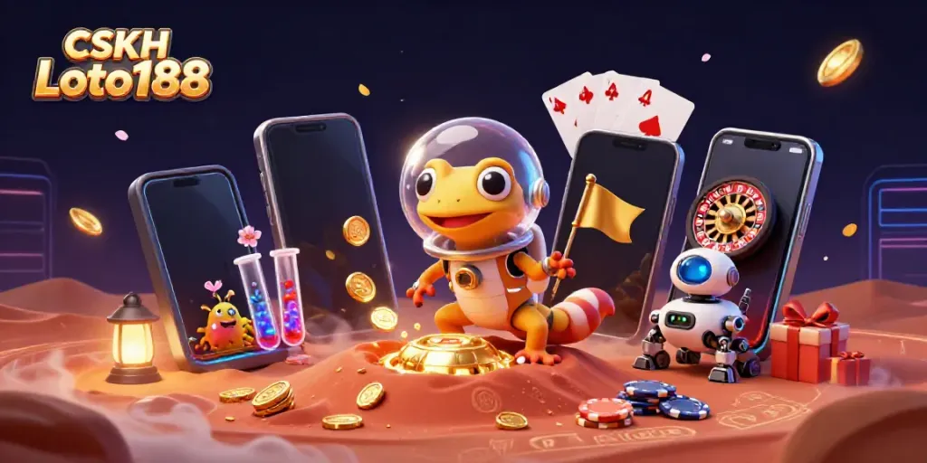 Engage with CSKH Loto188's dynamic casino gaming universe featuring vibrant symbols and characters.