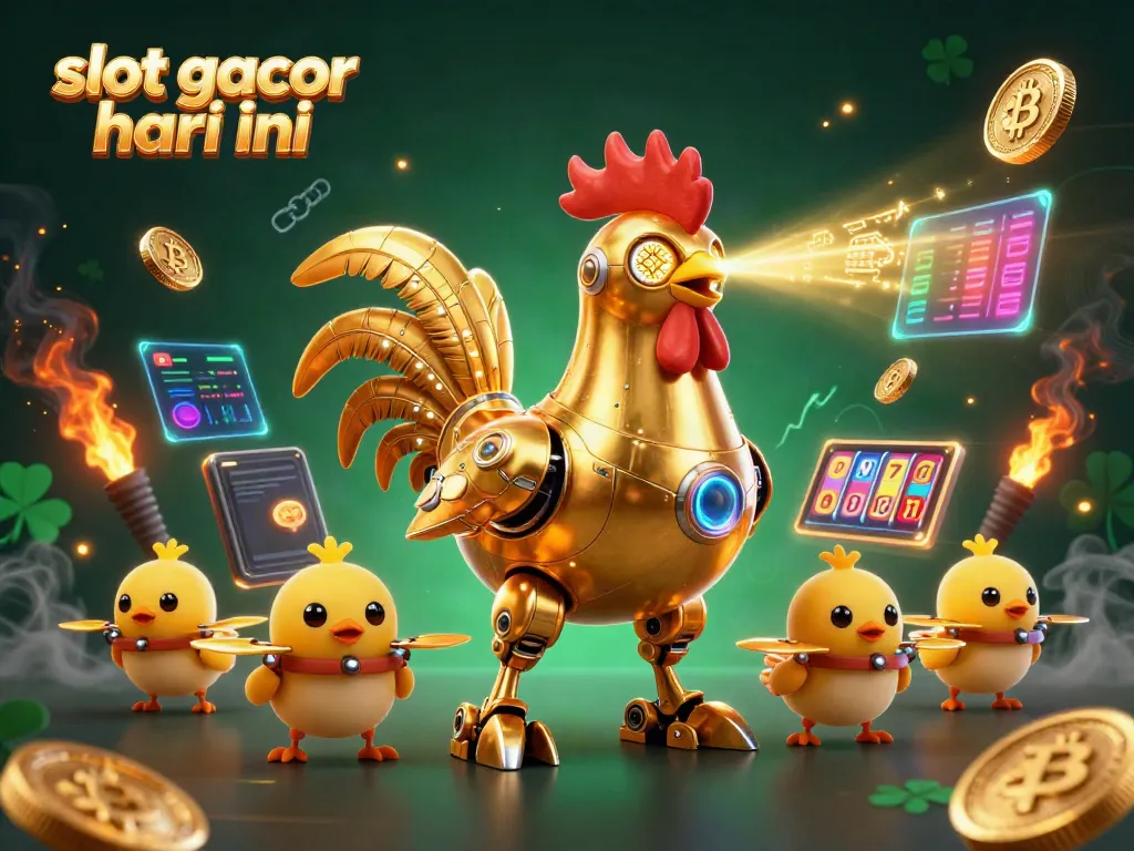 Experience slot gacor hari ini with a vibrant 3D casino scene featuring a golden rooster robot and baby chick drones.