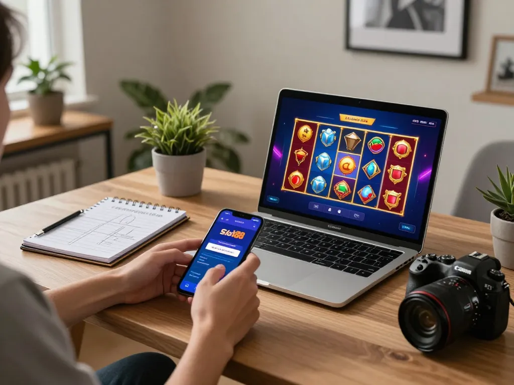 Berinteraksi dengan aplikasi slot88 di perangkat seluler, menampilkan permainan menarik dan perjudian yang bertanggung jawab.