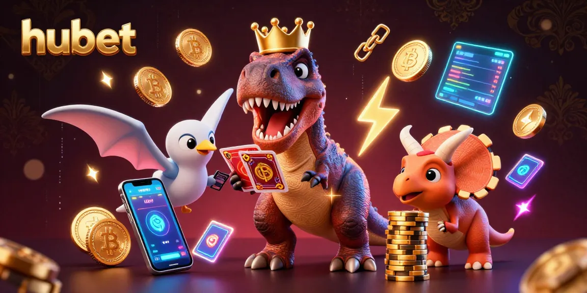 Betting with hubet: A T-Rex triumphs in lively casino card games amid glowing crypto coins.
