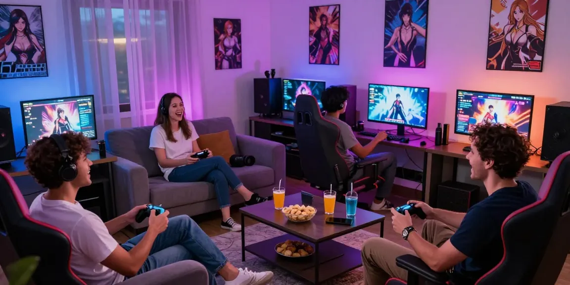 Excited players enjoying real hentai games in a cozy environment with engaging gameplay.