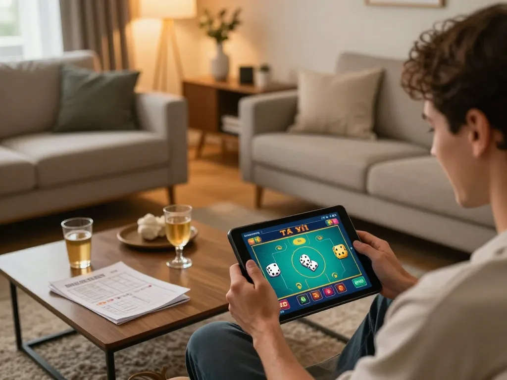 Engaging in Tài Xỉu online with tablet displaying game interface, cozy home atmosphere.
