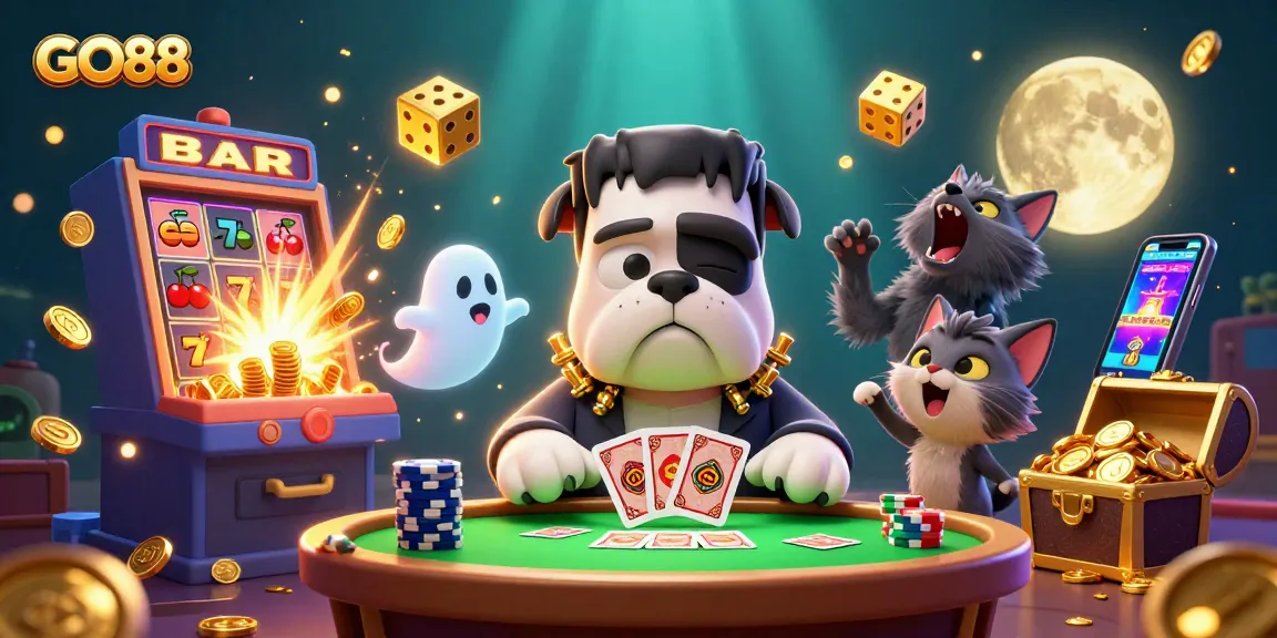 Play exciting games at GO88 with a fun-filled scene featuring unique characters and vibrant casino elements.