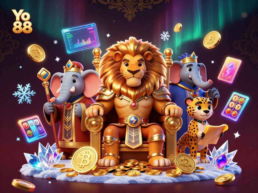 Engage with Yo 88 in this vibrant casino scene featuring a royal lion king, advisor elephant, and cheetah messenger.