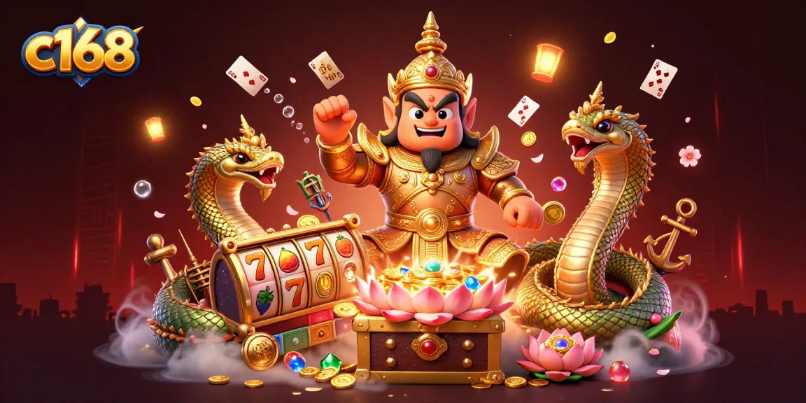 Experience thrilling gaming action at c168's Asian casino with vibrant illustrations.