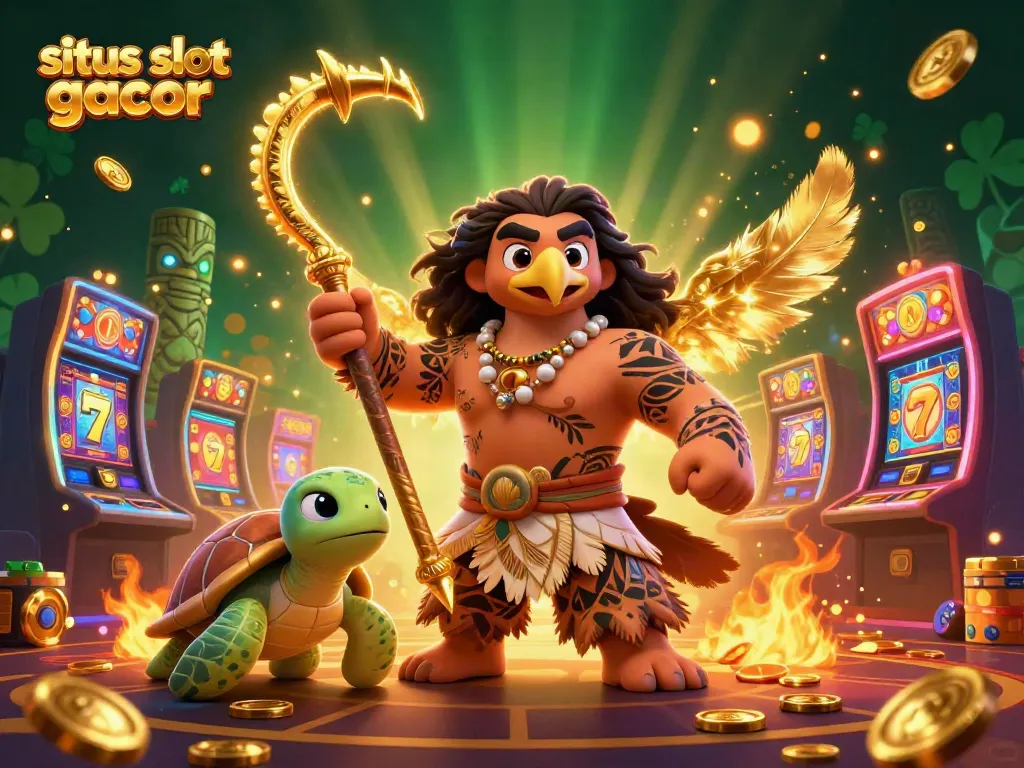 Engage in the thrilling world of situs slot gacor with a vibrant 3D casino illustration featuring a tribal hawk and cartoon turtle.