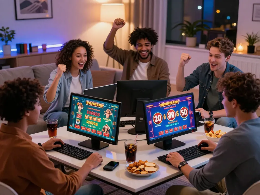Exciting atmosphere with friends celebrating big wins using the jeetbangla referral code at an online casino.