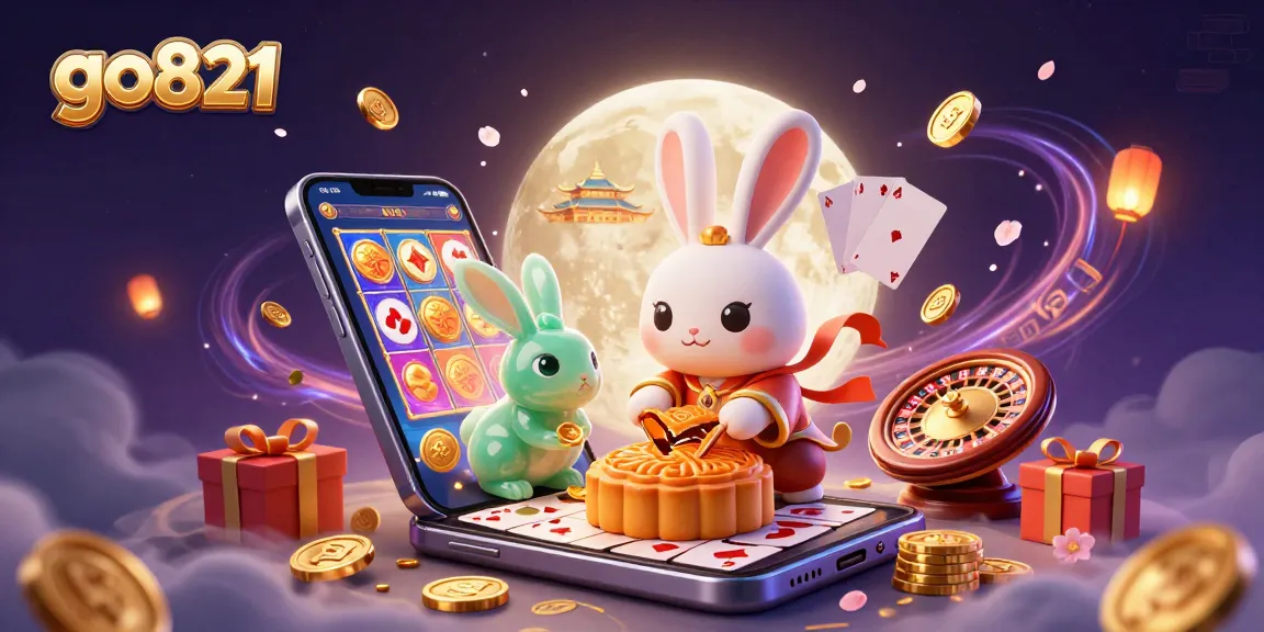 Experience winning excitement at go821 with the moon rabbit and poker chips in a vibrant casino scene.