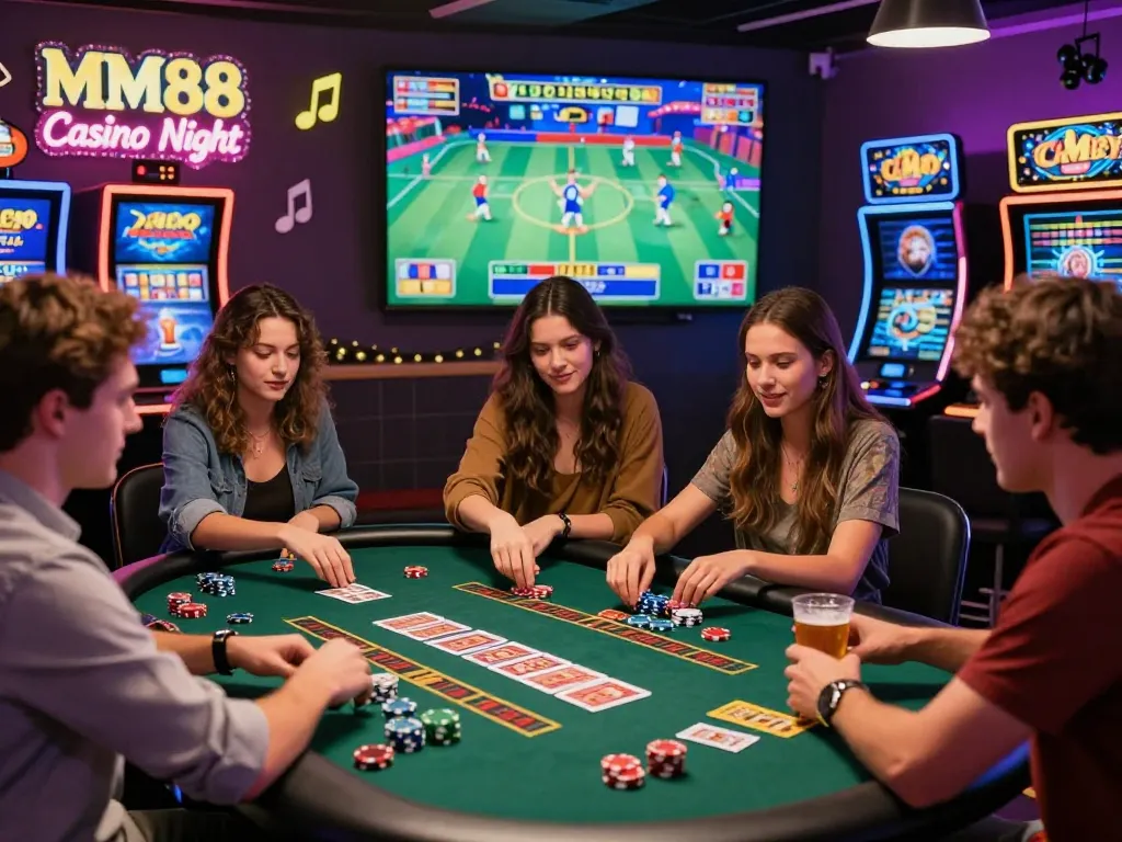 Friends enjoying a lively night at MM88 casino with vibrant lighting, games, and drinks.