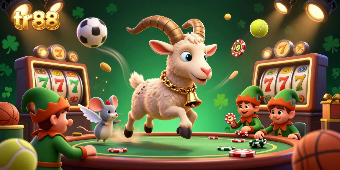 Experience the vibrant holiday casino scene at tr88, featuring playful characters amidst dynamic gaming elements.