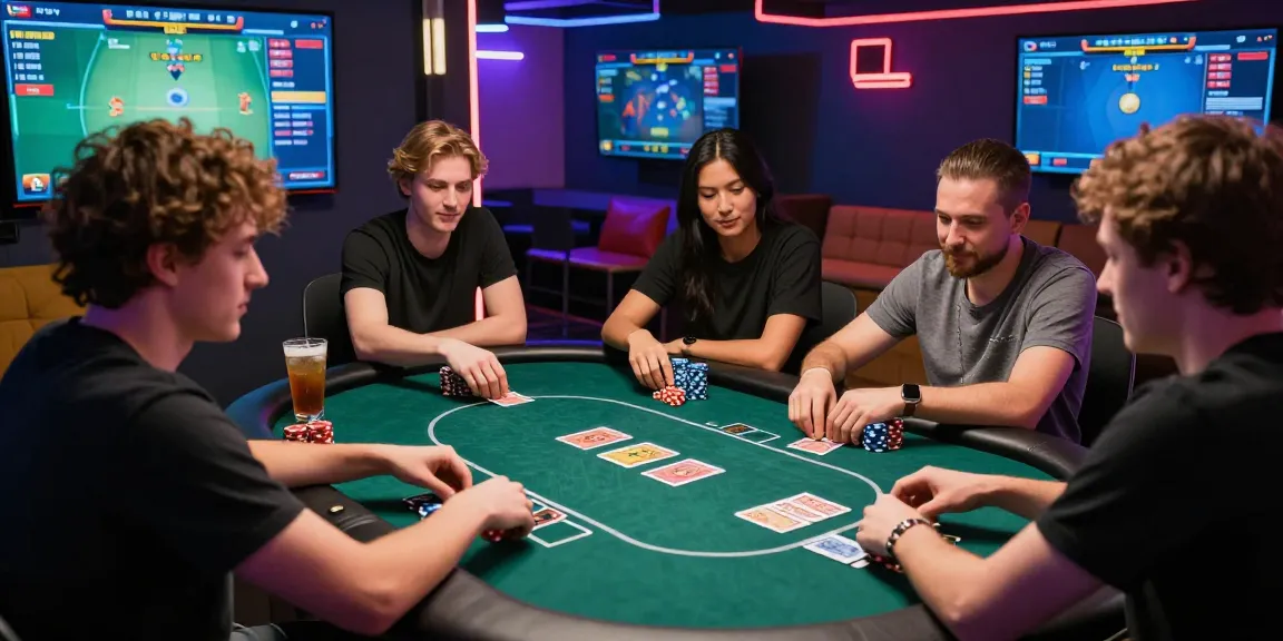 Không khí sôi động trong game B52 với bạn bè, bàn poker và ánh đèn neon.