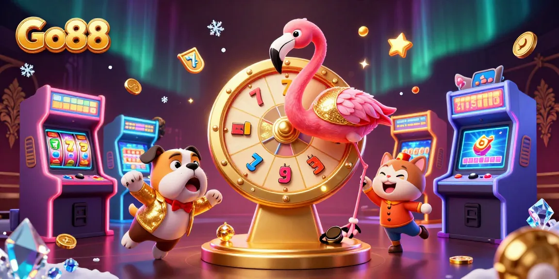 Experience thrilling gameplay at Go88 with a vibrant 3D illustration of casino elements and characters.