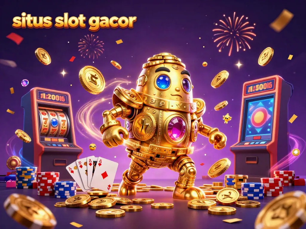 Experience the excitement of situs slot gacor with a golden golem surrounded by cascading coins and jackpot reels.