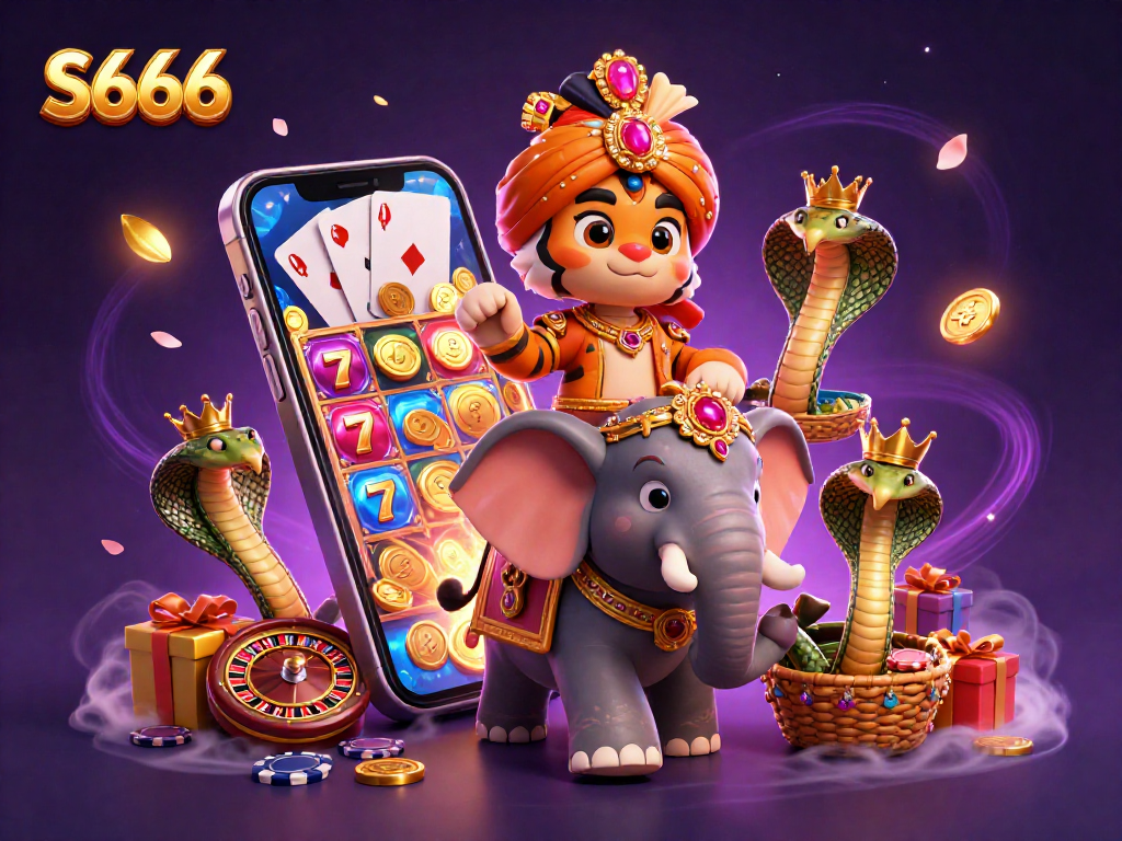 Spin to win at S666 with a vibrant 3D casino scene showcasing a cartoon royal tiger and games.