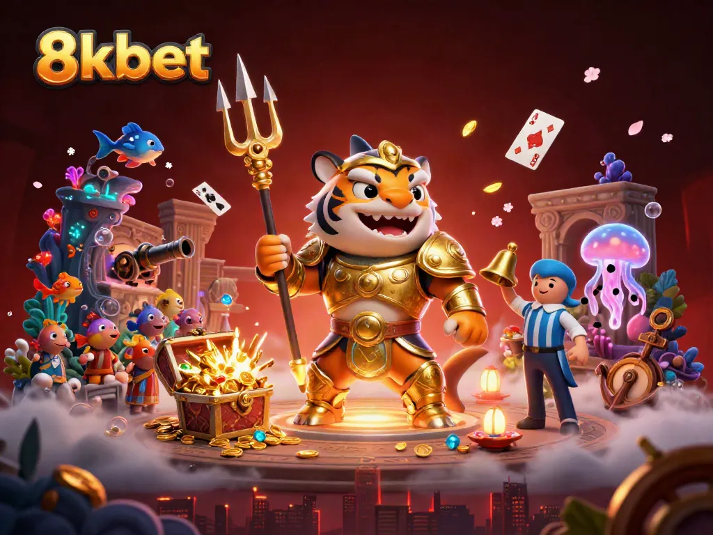 Experience thrilling gaming with 8kbet in a vibrant underwater casino setting featuring a golden shark gladiator.