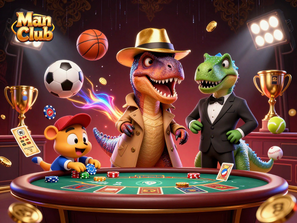 Engage in thrilling gameplay at Man Club, featuring a velociraptor at a blackjack table amidst flying sports balls.