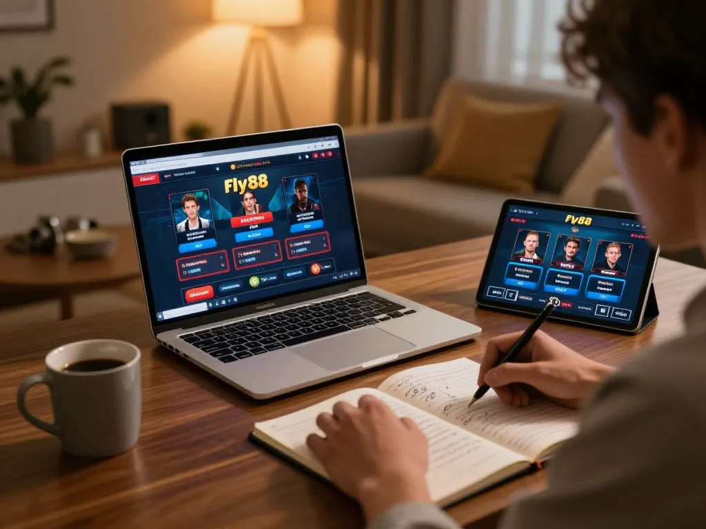 Engaging in online casino gameplay with fly88 on laptop in a comfortable home setting