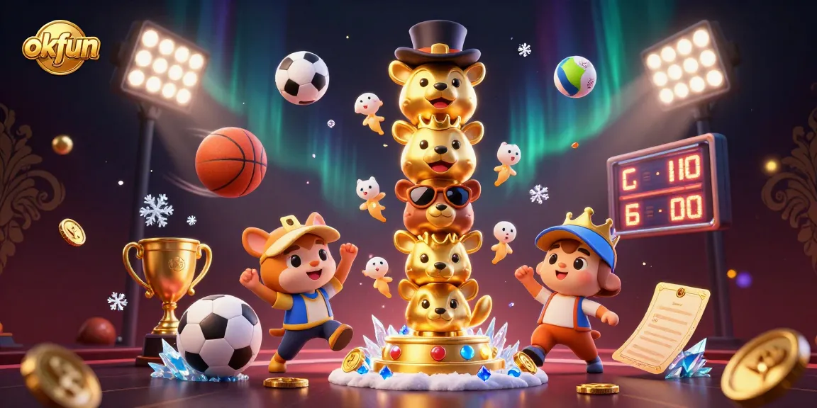Experience dynamic gaming with okfun in a vibrant casino scene filled with sports balls, awards, and festive elements.