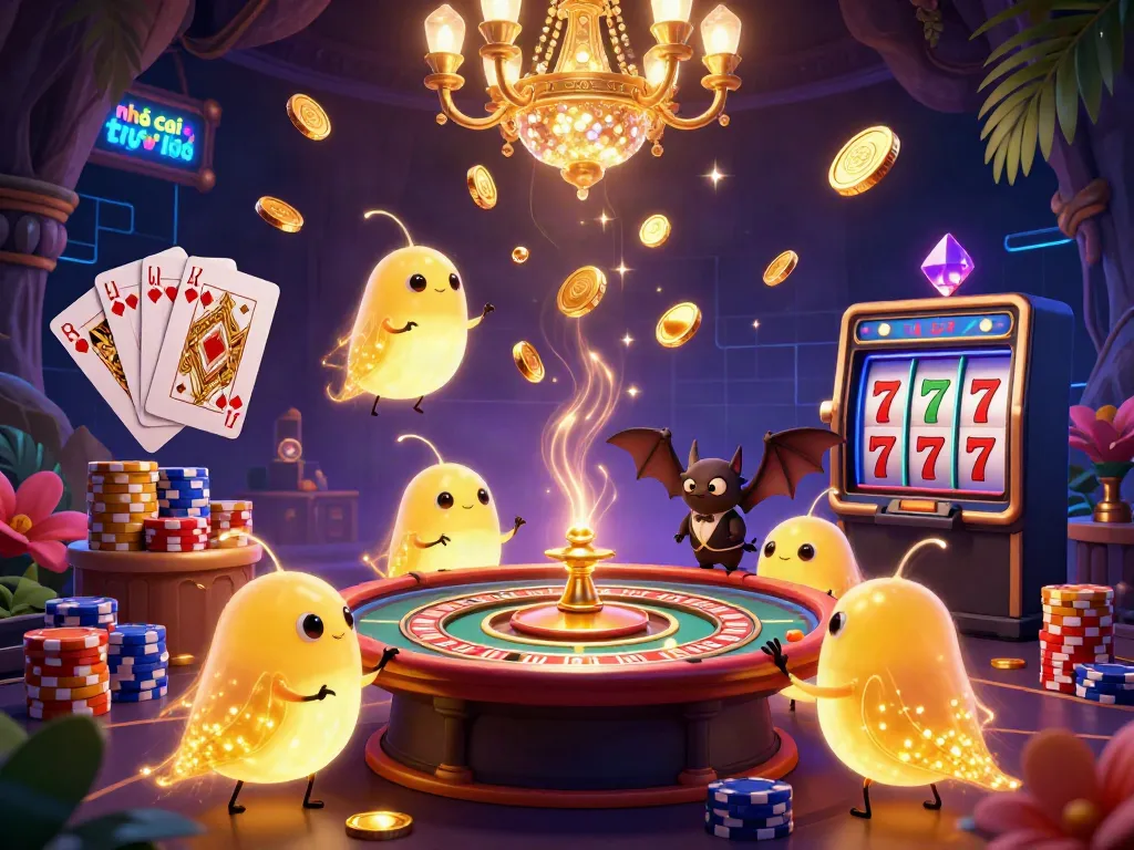 Experience the excitement of nhà cái trực tuyến with glowworms lighting a casino scene filled with vibrant games and golden rewards.