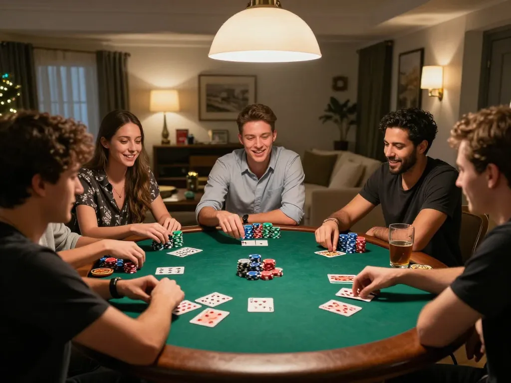 Friends enjoy a fun poker night at home, showcasing exciting gameplay with 789bet.